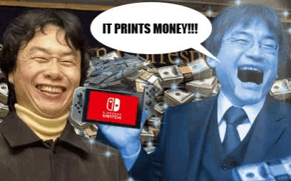 The famous Miyamoto and Iwata money printer .gif, but with a Switch instead of a DS