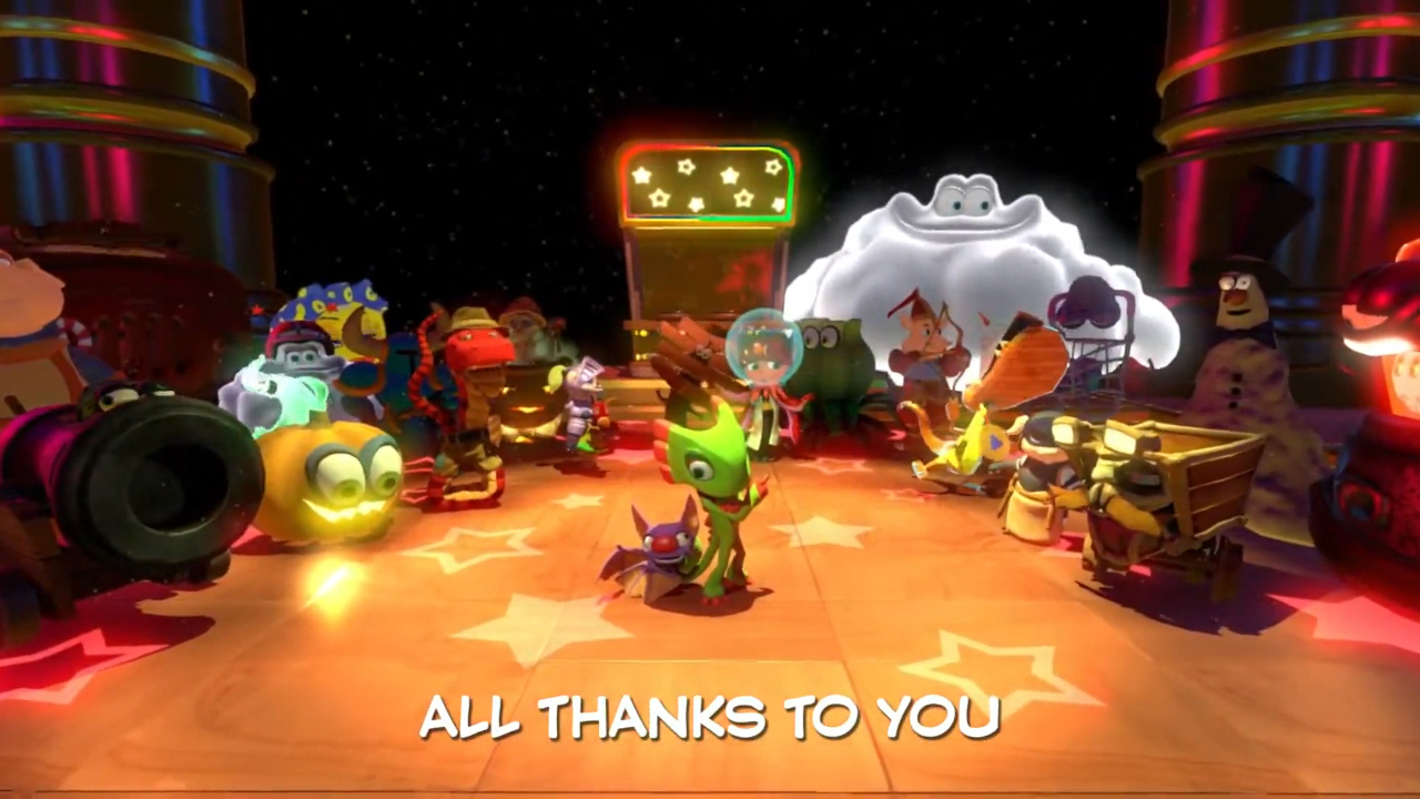 A line-up of Yooka-Laylee characters from the Yooka-Laylee Rap video